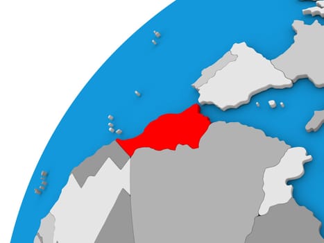 Morocco highlighted in red on globe with visible country borders. 3D illustration
