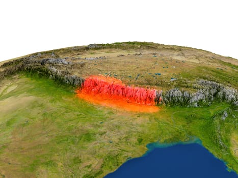 Nepal from Earth's orbit in space highlighted in red color. 3D illustration with highly detailed realistic planet surface. Elements of this image furnished by NASA.