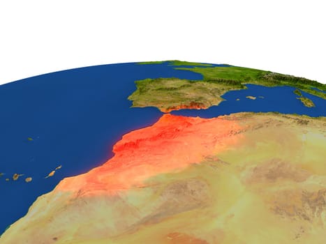Morocco from Earth's orbit in space highlighted in red color. 3D illustration with highly detailed realistic planet surface. Elements of this image furnished by NASA.