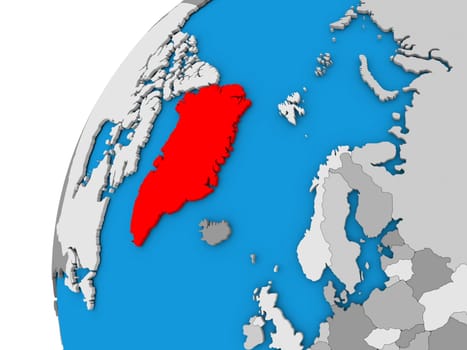 Greenland highlighted in red on globe with visible country borders. 3D illustration