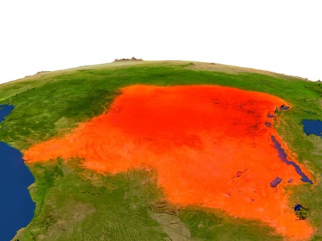 Democratic Republic of Congo from Earth's orbit in space highlighted in red color. 3D illustration with highly detailed realistic planet surface. Elements of this image furnished by NASA.