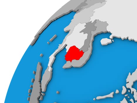 Cambodia highlighted in red on globe with visible country borders. 3D illustration