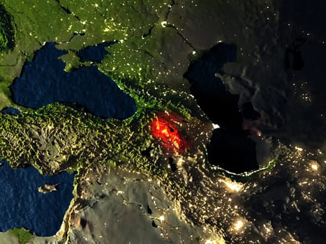 Armenia in red at night as seen from Earth's orbit in space. 3D illustration with highly detailed realistic planet surface. Elements of this image furnished by NASA.