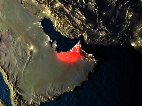United Arab Emirates in red at night as seen from Earth's orbit in space. 3D illustration with highly detailed realistic planet surface. Elements of this image furnished by NASA.