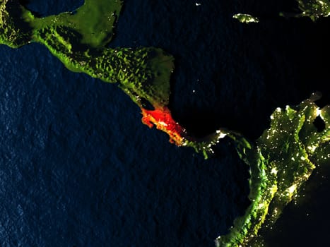 Costa Rica in red at night as seen from Earth's orbit in space. 3D illustration with highly detailed realistic planet surface. Elements of this image furnished by NASA.