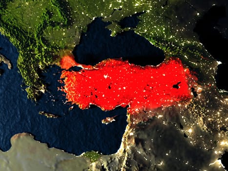 Turkey in red at night as seen from Earth's orbit in space. 3D illustration with highly detailed realistic planet surface. Elements of this image furnished by NASA.