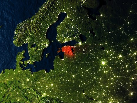 Estonia in red at night as seen from Earth's orbit in space. 3D illustration with highly detailed realistic planet surface. Elements of this image furnished by NASA.
