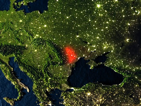 Moldova in red at night as seen from Earth's orbit in space. 3D illustration with highly detailed realistic planet surface. Elements of this image furnished by NASA.