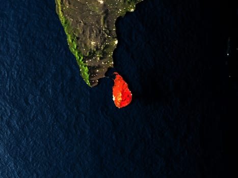 Sri Lanka in red at night as seen from Earth's orbit in space. 3D illustration with highly detailed realistic planet surface. Elements of this image furnished by NASA.