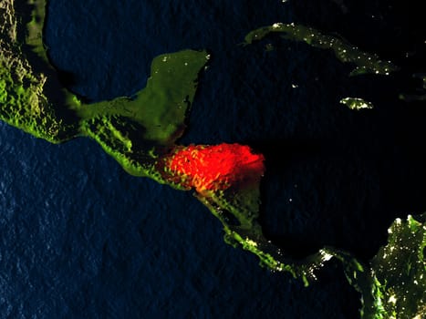 Honduras in red at night as seen from Earth's orbit in space. 3D illustration with highly detailed realistic planet surface. Elements of this image furnished by NASA.