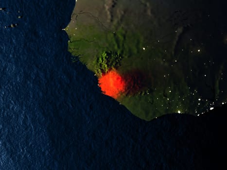 Sierra Leone in red at night as seen from Earth's orbit in space. 3D illustration with highly detailed realistic planet surface. Elements of this image furnished by NASA.