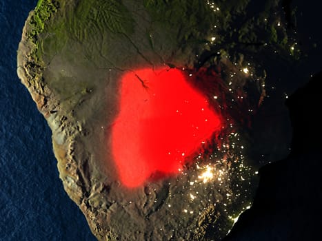 Botswana in red at night as seen from Earth's orbit in space. 3D illustration with highly detailed realistic planet surface. Elements of this image furnished by NASA.