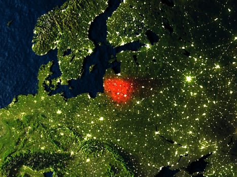 Lithuania in red at night as seen from Earth's orbit in space. 3D illustration with highly detailed realistic planet surface. Elements of this image furnished by NASA.