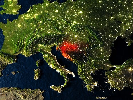 Croatia in red at night as seen from Earth's orbit in space. 3D illustration with highly detailed realistic planet surface. Elements of this image furnished by NASA.