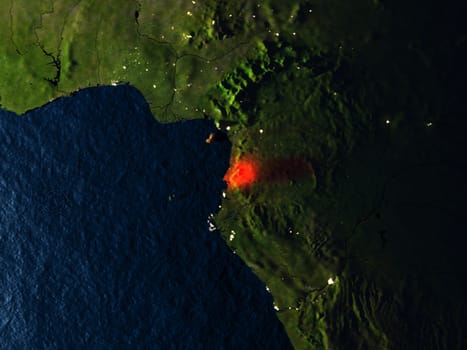 Equatorial Guinea in red at night as seen from Earth's orbit in space. 3D illustration with highly detailed realistic planet surface. Elements of this image furnished by NASA.