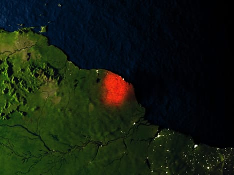 French Guiana in red at night as seen from Earth's orbit in space. 3D illustration with highly detailed realistic planet surface. Elements of this image furnished by NASA.