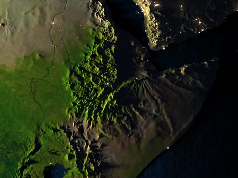 Ethiopia in red at night as seen from Earth's orbit in space. 3D illustration with highly detailed realistic planet surface. Elements of this image furnished by NASA.