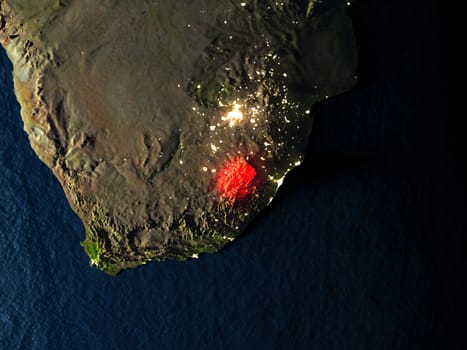 Lesotho in red at night as seen from Earth's orbit in space. 3D illustration with highly detailed realistic planet surface. Elements of this image furnished by NASA.