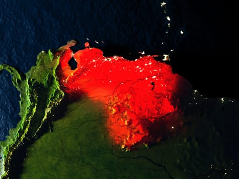 Venezuela in red at night as seen from Earth's orbit in space. 3D illustration with highly detailed realistic planet surface. Elements of this image furnished by NASA.