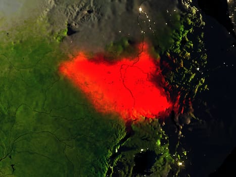 South Sudan in red at night as seen from Earth's orbit in space. 3D illustration with highly detailed realistic planet surface. Elements of this image furnished by NASA.