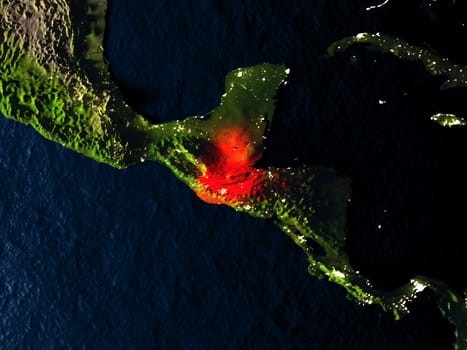 Guatemala in red at night as seen from Earth's orbit in space. 3D illustration with highly detailed realistic planet surface. Elements of this image furnished by NASA.