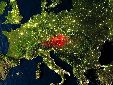 Austria in red at night as seen from Earth's orbit in space. 3D illustration with highly detailed realistic planet surface. Elements of this image furnished by NASA.