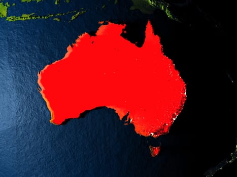 Australia in red at night as seen from Earth's orbit in space. 3D illustration with highly detailed realistic planet surface. Elements of this image furnished by NASA.