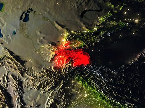 Tajikistan in red at night as seen from Earth's orbit in space. 3D illustration with highly detailed realistic planet surface. Elements of this image furnished by NASA.