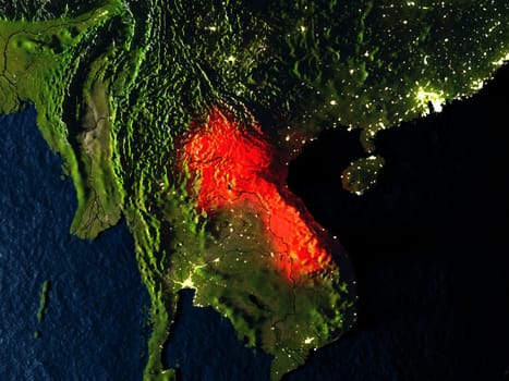 Laos in red at night as seen from Earth's orbit in space. 3D illustration with highly detailed realistic planet surface. Elements of this image furnished by NASA.