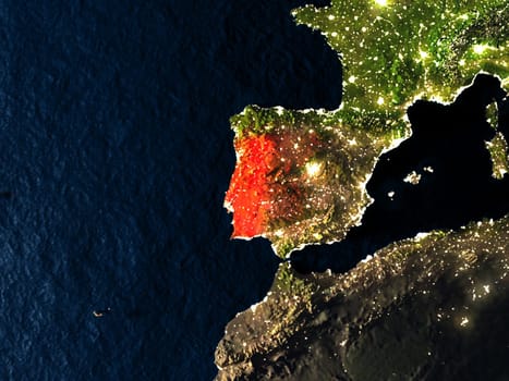 Portugal in red at night as seen from Earth's orbit in space. 3D illustration with highly detailed realistic planet surface. Elements of this image furnished by NASA.