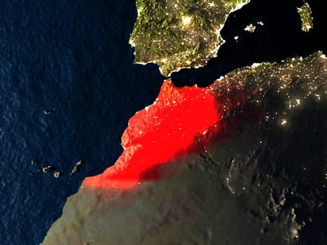 Morocco in red at night as seen from Earth's orbit in space. 3D illustration with highly detailed realistic planet surface. Elements of this image furnished by NASA.