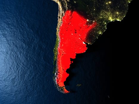 Argentina in red at night as seen from Earth's orbit in space. 3D illustration with highly detailed realistic planet surface. Elements of this image furnished by NASA.
