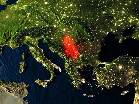 Serbia in red at night as seen from Earth's orbit in space. 3D illustration with highly detailed realistic planet surface. Elements of this image furnished by NASA.