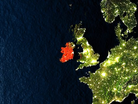 Ireland in red at night as seen from Earth's orbit in space. 3D illustration with highly detailed realistic planet surface. Elements of this image furnished by NASA.