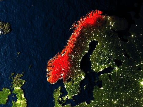 Norway in red at night as seen from Earth's orbit in space. 3D illustration with highly detailed realistic planet surface. Elements of this image furnished by NASA.