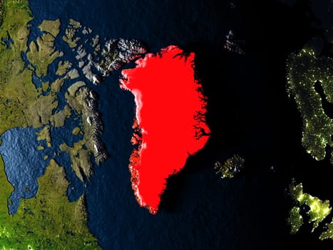 Greenland in red at night as seen from Earth's orbit in space. 3D illustration with highly detailed realistic planet surface. Elements of this image furnished by NASA.