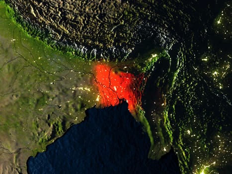 Bangladesh in red at night as seen from Earth's orbit in space. 3D illustration with highly detailed realistic planet surface. Elements of this image furnished by NASA.