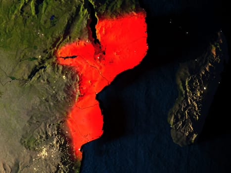 Mozambique in red at night as seen from Earth's orbit in space. 3D illustration with highly detailed realistic planet surface. Elements of this image furnished by NASA.