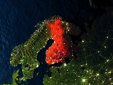Finland in red at night as seen from Earth's orbit in space. 3D illustration with highly detailed realistic planet surface. Elements of this image furnished by NASA.