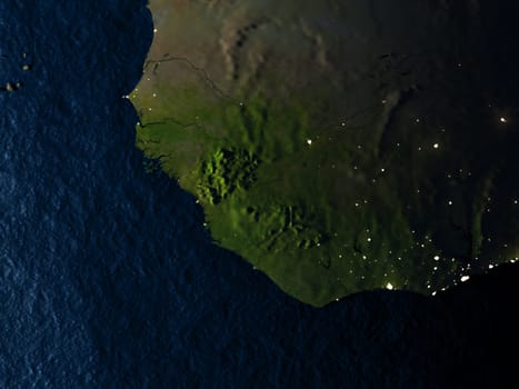 Guinea in red at night as seen from Earth's orbit in space. 3D illustration with highly detailed realistic planet surface. Elements of this image furnished by NASA.