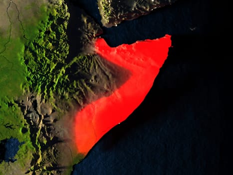 Somalia in red at night as seen from Earth's orbit in space. 3D illustration with highly detailed realistic planet surface. Elements of this image furnished by NASA.