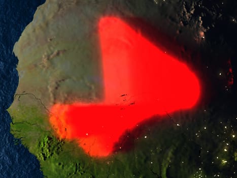 Mali in red at night as seen from Earth's orbit in space. 3D illustration with highly detailed realistic planet surface. Elements of this image furnished by NASA.