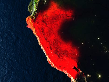 Peru in red at night as seen from Earth's orbit in space. 3D illustration with highly detailed realistic planet surface. Elements of this image furnished by NASA.