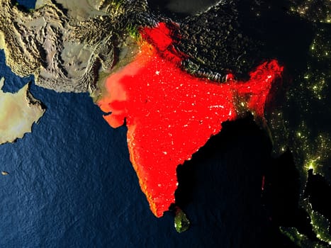 India in red at night as seen from Earth's orbit in space. 3D illustration with highly detailed realistic planet surface. Elements of this image furnished by NASA.
