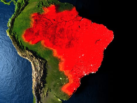 Brazil in red at night as seen from Earth's orbit in space. 3D illustration with highly detailed realistic planet surface. Elements of this image furnished by NASA.