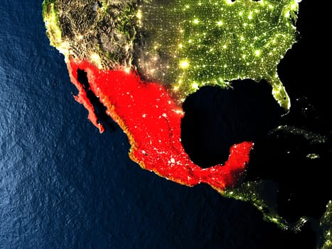Mexico in red at night as seen from Earth's orbit in space. 3D illustration with highly detailed realistic planet surface. Elements of this image furnished by NASA.