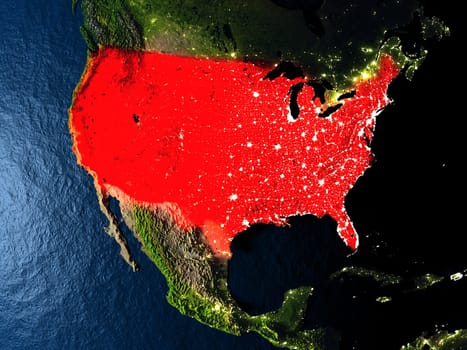 USA in red at night as seen from Earth's orbit in space. 3D illustration with highly detailed realistic planet surface. Elements of this image furnished by NASA.