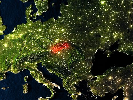 Slovakia in red at night as seen from Earth's orbit in space. 3D illustration with highly detailed realistic planet surface. Elements of this image furnished by NASA.