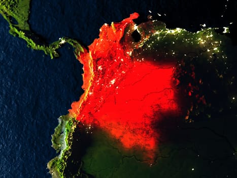 Colombia in red at night as seen from Earth's orbit in space. 3D illustration with highly detailed realistic planet surface. Elements of this image furnished by NASA.
