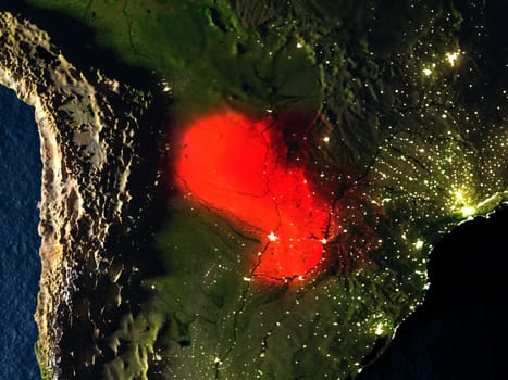 Paraguay in red at night as seen from Earth's orbit in space. 3D illustration with highly detailed realistic planet surface. Elements of this image furnished by NASA.
